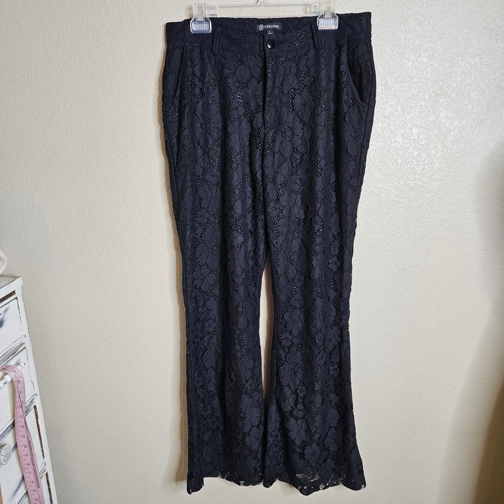 NWT Versona Black Floral Lace Flare Leg Trousers Large bell bottom Pants Lined